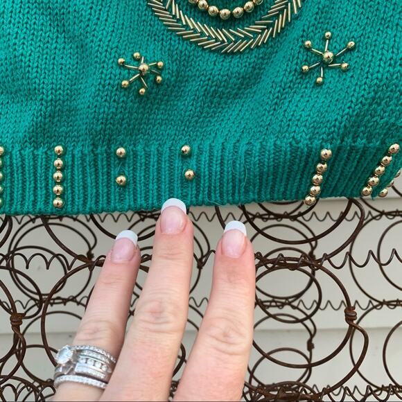 Vintage 90s teal gold art deco beaded cowl neck tunic sweater MEDIUM - Picture 3 of 9